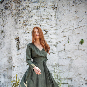 Vestido MIDI de lino pesado para mujer con decoración de encaje, cintura con lazo y mangas largas, ropa tejida ecológica para primavera - Product Image 1