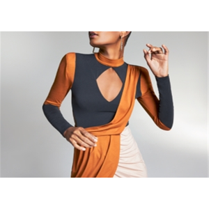 Abito Mini Bodycon Zerina Akers per Bar III, Marrone, Taglia XXXL, Stampa Colorblock, Jersey, Senza Spalline, con Volant, Piume e Nappe, per Feste - Product Image 3