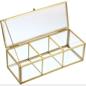 Golden Glass Jewelry <b>Box</b> Rectangular Clear Glass Lidded Organizer Handmade Brass Metal Frame Decorative <b>Trinket</b> Display Case - Product Image 2