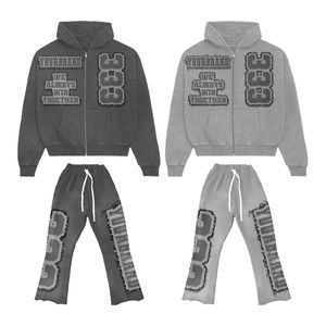 เสื้อมีฮู้ดและกางเกงขาบานแนววินเทจแบบกำหนดเองพร้อมซิปชุดวอร์มปักผ้ากำมะหยี่สำหรับผู้ชาย - Product Image 4