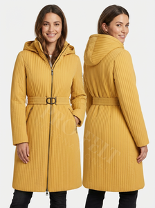 Manteau d'hiver matelassé à capuche long, style tendance 2026, ceinture à la taille, veste chaude rembourrée, fermeture éclair, coupe ajustée, décontracté, manteaux matelassés - Product Image 2