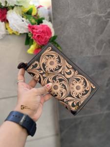 Stylish Brown Handtooled Clutch Handbag Handmade Vintage Winter Fashion Zipper Waterproof Multi-Use <b>Fur</b> <b>Trim</b> Flower Decoration - Product Image 3