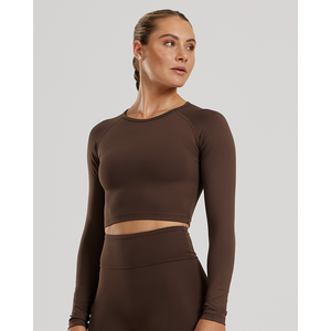 Prix usine cacao femmes essentiel manches longues haut court 4 voies extensible doux et léger entraînement haut court t-shirts pour femmes - Product Image 1