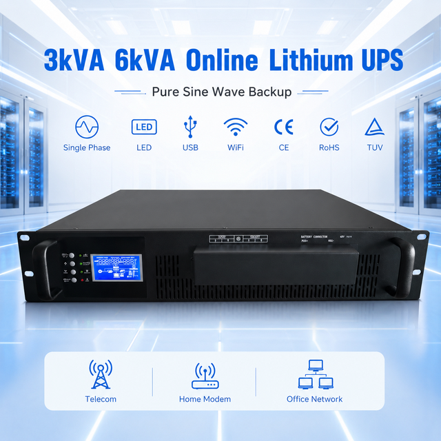 Powermerry 3kVA 5kVA Pure Sine Wave Online UPS Single Phase Lithium Battery Backup Telecom Home Modem LED USB WiFi CE RoHS TUV