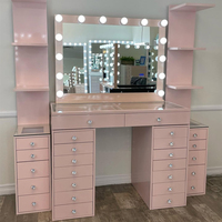 Table de toilette de luxe en bois de style européen avec lumières LED réglables et grand miroir éclairé, idéale pour la vente en gros de tables de maquillage.