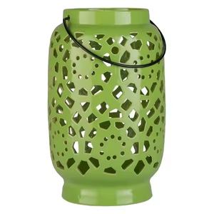 Grande lanterne ronde élégante et luxueuse en métal avec fond bleu doré pour décoration de porte de maison Bougeoirs par décor impex - Product Image 2