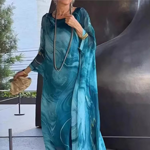 2025 été femmes nouveau élégant navettage en mousseline de soie mode imprimé robe marbre Texture à manches longues irrégulière longue robe - Product Image 2