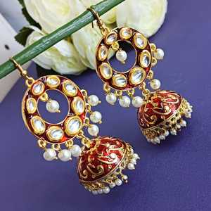 Indian <b>Earrings</b> Jewelry Enamel <b>Earrings</b> Gold Plated Jhumka Jhumki Dangle <b>Drop</b> Hook <b>Earrings</b>, <b>Red</b> - Product Image 2