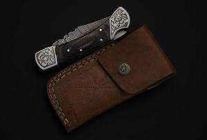 Custom Handmade Damascus Steel Pocket Knife With Pukka Wood Handle and Fine <b>Leather</b> Sheath Camping Knife Fishing Knife - Product Image 3