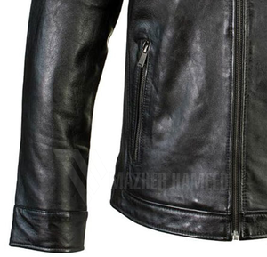 แจ็กเก็ตหนัง100% สีดำสำหรับผู้ชายดีไซน์ใหม่แจ็กเก็ตหนังรถจักรยานยนต์สีดำเข้ารูปทันสมัย - Product Image 6