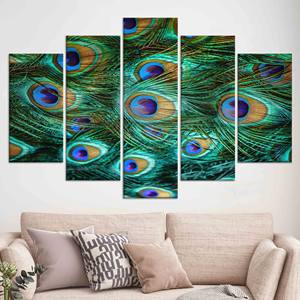 Impression sur toile de plumes de paon aux couleurs vives : Œuvre d'art animalière élégante, lot de 5 toiles assorties - Product Image 1