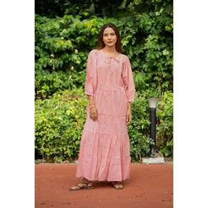 Stripe Hand Block Print Cotton Midi <b>Dress</b> Lightweight Boho Summer Sundress <b>with</b> <b>Pockets</b> ODM Leisure Occasion for Beach Gift - Product Image 3