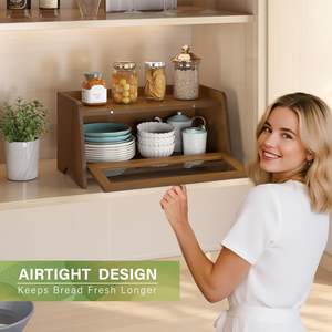 Large Modern Foldable Eco-Friendly Wooden Bread <b>Box</b> for Kitchen Countertop | Bread Container with Window Holder (<b>Brown</b>) - Product Image 4