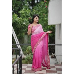 Sari de créateur en Georgette, longueur 6,3 m, travail de paillettes, robe de soirée élégante et chic avec pièce de blouse non cousue pour les fêtes - Product Image 4