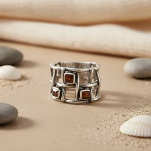Art Palace Geometric 925 <b>Silver</b> <b>Ring</b> with <b>Garnet</b> Gemstones Bezel Setting Trendy Unisex Everyday Wear - Product Image 1