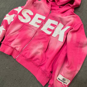 Logo personnalisé Street Style en Détresse Brut Coupe Partout sérigraphié Acide Lavé Vintage Hommes Sweat à Capuche avec Fermeture Éclair - Product Image 3