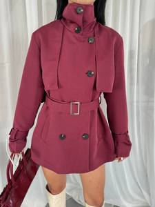 Elegant <b>Burgundy</b> <b>Trench</b> <b>Coat</b> With Belt Full Sleeve Stand Collar Double Breasted Short Length Autumn Wear - Product Image 2