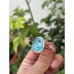 Natural Blue Topaz Cocktail <b>Ring</b> 925 Sterling <b>Silver</b> Handmade Gemstone <b>Statement</b> <b>Ring</b> Wholesale Jewelry Supplier - Product Image 2