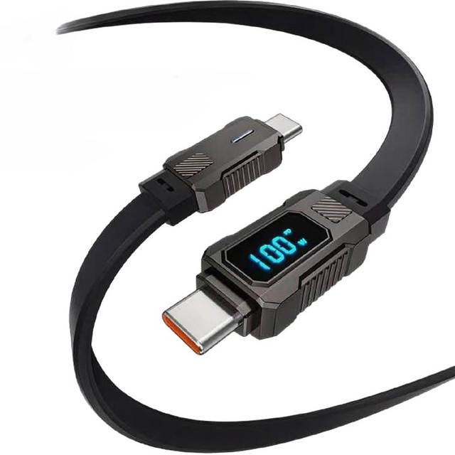 Strong Heavy Duty Flat USB-C to USB-C 60W Super Fast Charging Cable with Power Display for IPhone, Galaxy S25/S24/S23 and More