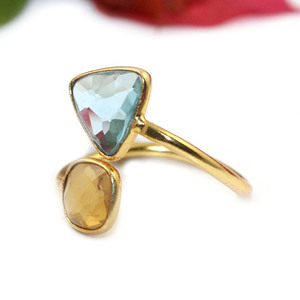 พลอยบุษราคัมสีฟ้าและซิทรินทรงล้านล้านควอตซ์ไฮโดรหินคู่18kgold ชุบทองแหวนขนาดฟรีไซส์ - Product Image 1