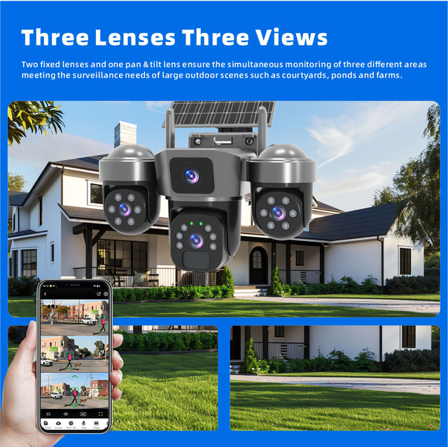 KERUI 6MP Security Camera 3 Screens Network 3 PTZ IP CCTV Surveillance Camera Pan-Tilt Function V380 Pro CMOS Home Security WiFi