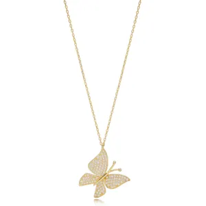 Butterfly Animal Design Shiny Zircon Stone Gold Chain 14K Gold Turkish Wholesale Handcrafted 585 Pendant Woman Jewelry