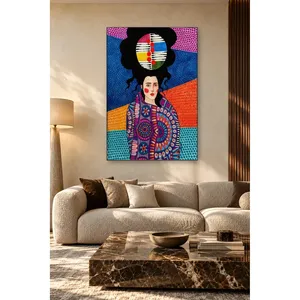 Fida, femme avec un châle mandala sur fond rayé coloré, impression sur toile - Product Image 3
