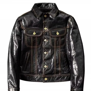 Men's Genuine <b>Sheep</b> <b>Skin</b> <b>Jacket</b> Single Breasted Casual Style Turn-Down Collar Slim Fit Oil Wax Motorcycle Short Coat Canvas - Product Image 1