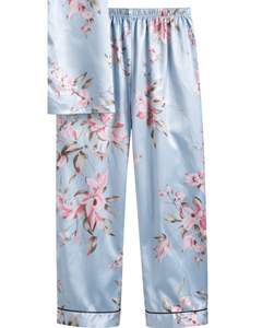 Ensemble de pyjama en satin de soie bleu ciel à fleurs personnalisé par le fabricant pour femmes, boutonné, manches courtes, vêtements de nuit luxueux et doux - Product Image 5