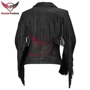 Chaqueta de cuero genuino negro para mujer con flecos en las mangas, borlas, solapa, piel de oveja, estilo vaquero occidental, abrigo de motociclista, ropa de abrigo personalizada para invierno - Product Image 3