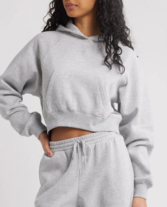 Femmes gris polaire éponge Crop sweat à capuche à manches longues décontracté brodé imprimé tricoté hiver automne printemps court respirant - Product Image 2