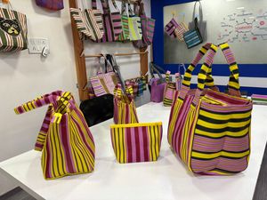 Premium Quality Eco-Friendly Recycled <b>Nylon</b> Striped Reusable Tote <b>Bag</b> Pouch Ribbon Handle Zipper Closure <b>Shoulder</b> <b>Bags</b> Set-Bulk - Product Image 3