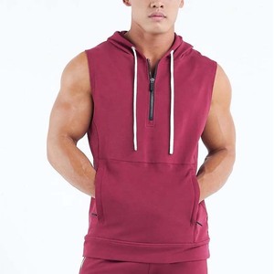 Camisetas sin mangas de algodón para hombre, camisetas de fitness para gimnasio con capucha sin mangas, chalecos informales con media cremallera, ropa de culturismo informal con capucha para hombre - Product Image 4