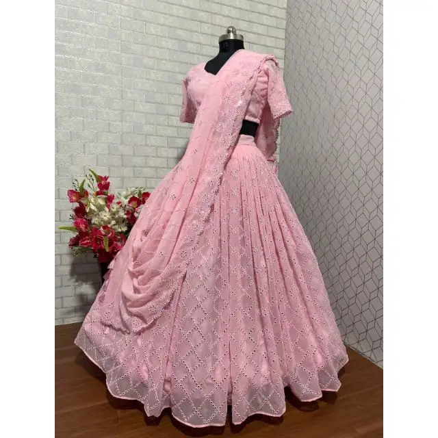 Uitstekende Kwaliteit Baby Roze Kleur Faux Georgette Geborduurde Aantrekkelijke Bruiloft & Party Wear Lehenga Choli Laagste Prijs