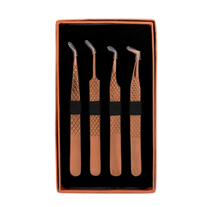 Lot de 4 pinces à cils droites en acier inoxydable de haute qualité avec poignée diamantée (Or rose) – Fournitures pour extensions de cils - Product Image 5