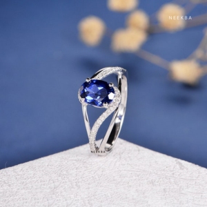 Juego de mano 6*8mm corte ovalado zafiro azul cultivado en laboratorio estilo Vintage anillo de compromiso 14K oro blanco sólido anillo de vástago dividido único - Product Image 4