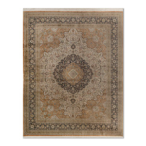 Tapis en soie noué à la main Gulmarg, grand format, motif médaillon rouge-orange, puzzle rectangulaire pour la maison, Pae-6458, pour couloir et salon - Product Image 1