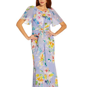 Abito da sera lungo viola con stampa floreale in chiffon, scollo rotondo, vita impero e paillettes, taglia XL, di Adrianna Papell - Product Image 3