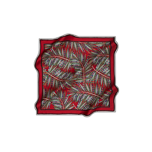 <b>Red</b> Silk Crepe Satin Square <b>Scarf</b> with Leaf Pattern - Product Image 1