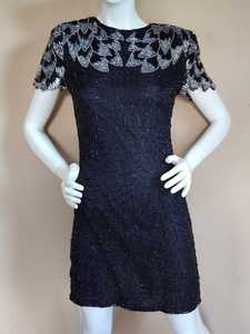 Haute qualité o-cou motif floral broderie antistatique noir robe de soirée droite perles longue longueur au genou Tulle - Product Image 3