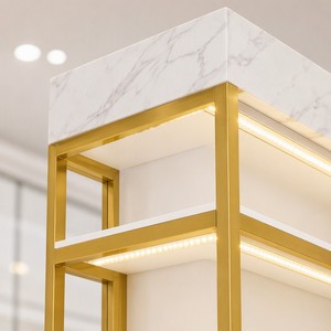 Custom <strong>Gold</strong> Metal Supermarket Display <strong>Shelving</strong> <strong>Unit</strong> with White Marble Finish and LED Lighting - 1 Piece MOQ - Product Image 3