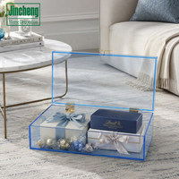 Boîte de rangement en acrylique transparent bleu avec décorations de libellules dorées pour la décoration de la maison, les cadeaux et l'affichage de luxe