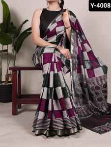 Saree de material Chanderi de viscosa de poliéster de estilo indio y pakistaní con estampado con borde de templo Saree y piezas de blusa - Product Image 3