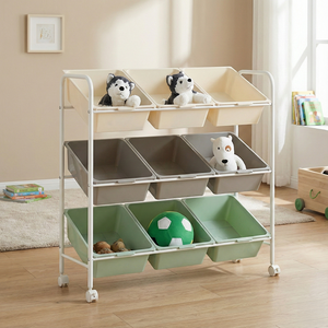 3 Layer Plastic <b>Storage</b> Organizer With 9 Bins Rolling Cart For Kids Toys Sundries Minimalist Design Rectangle Shape - Product Image 6
