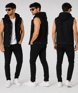 Premium Saleh Enterprises Unisex Vintage Hooded <b>Sleeveless</b> <b>Denim</b> Vest Washed Jean <b>Jacket</b> 100% Cotton Casual Fashion Streetwear - Product Image 3