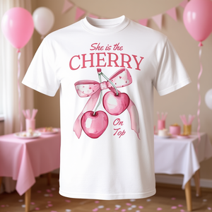 T-shirt Promozionale Personalizzabile 'Cherry on Top She's the Star' per Baby Shower o Addio al Nubilato - Product Image 3