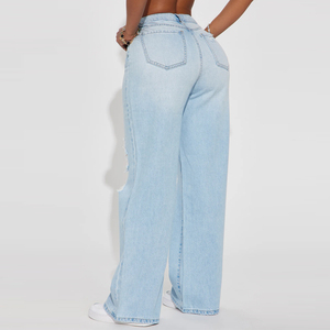 Venta al por mayor de ropa informal de calle, pantalones vaqueros rasgados para mujer, pantalones y pantalones personalizados de pierna recta de tiro medio, Vaqueros lavados ligeros para mujer - Product Image 2