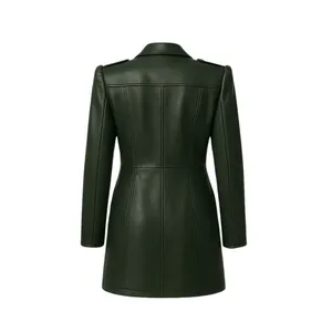 Abrigo de cuero verde oscuro de doble botonadura con bolsillos - Product Image 2