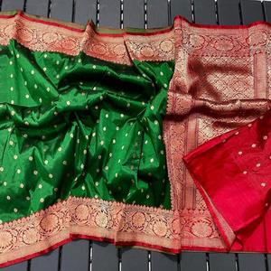 Saris de seda brocados puros hechos a medida ideales para reventa por Diseñadores de ropa en Sari verde oscuro con Boader rosa - Product Image 5