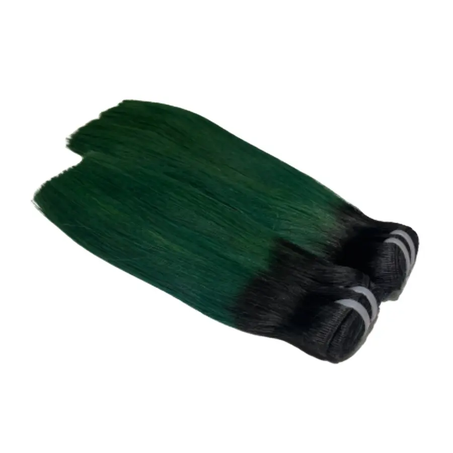 Ombre Green Color Double Drawn Remy Hair Weft Hair Extension 100% Human Hair Full Thick End